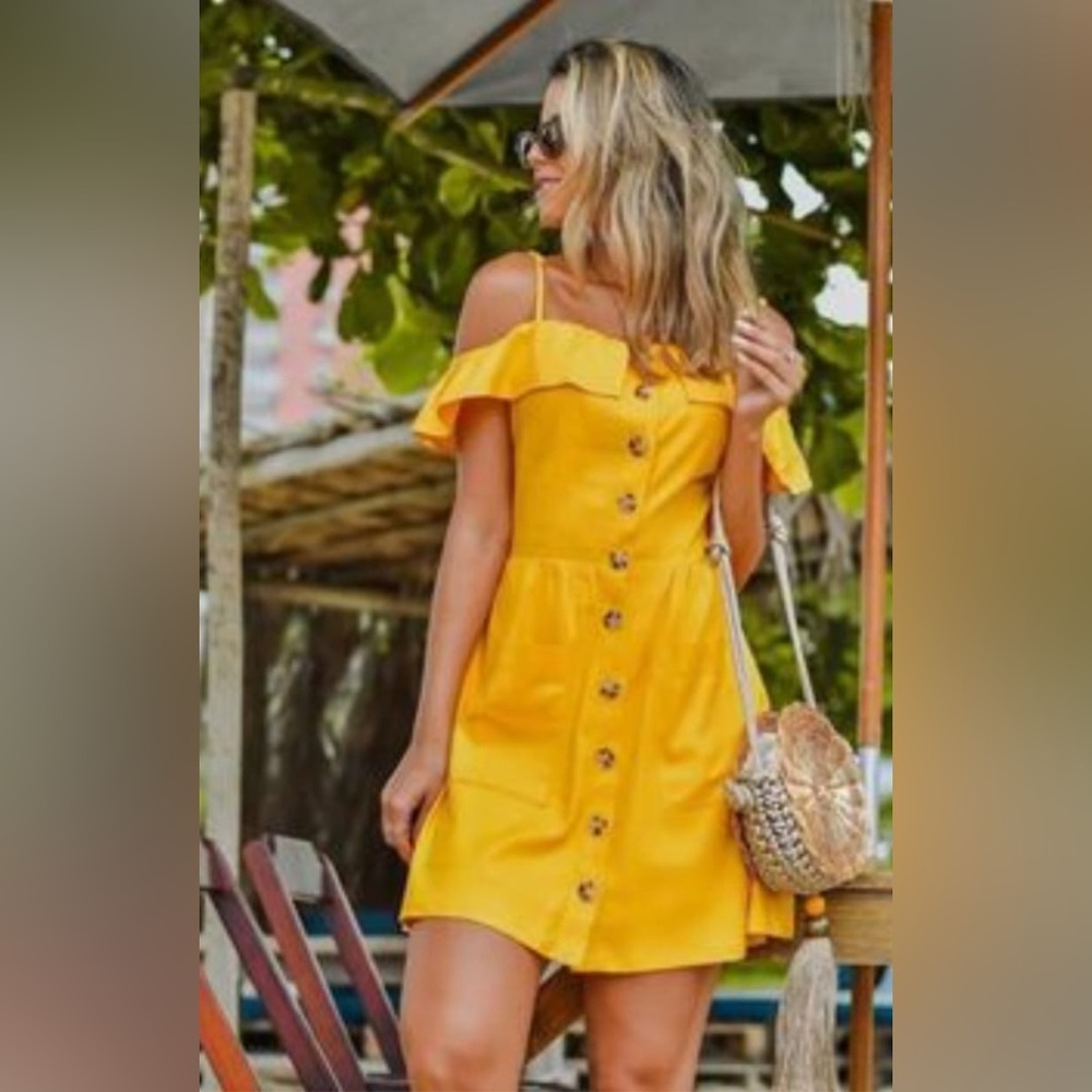 Forever 21 Yellow Off-Shoulder Button-Down Dress